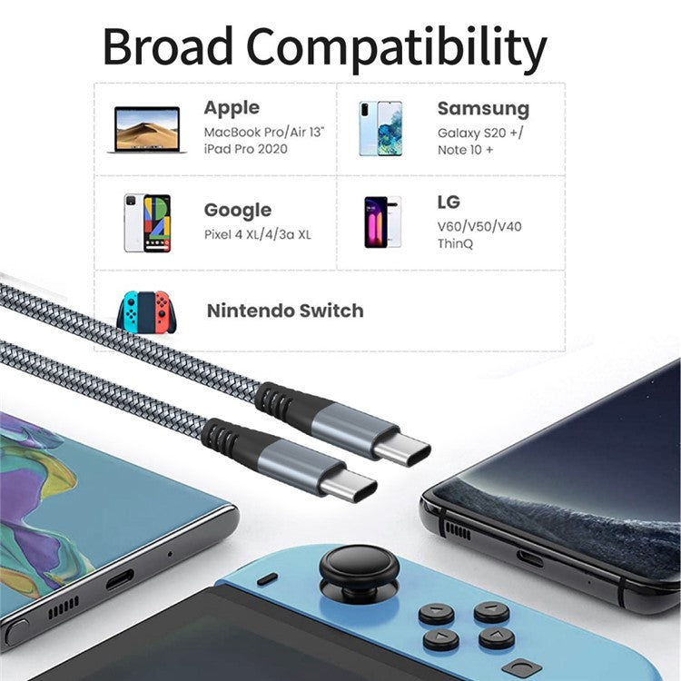 For iPhone 15 Series 1m Nylon Braided PD 60W Charging Cable Type-C to Type-C USB2.0 Data Cable for Cell Phones, Tablets, Laptops - Grey