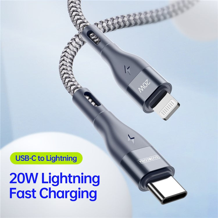 DUZZONA A1 2m USB-C to Lightning Cable PD 20W Fast Charger Nylon Braided Data Cord - Grey