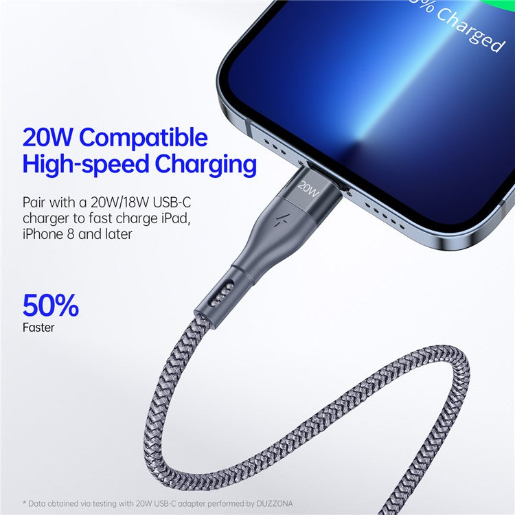 DUZZONA A1 2m USB-C to Lightning Cable PD 20W Fast Charger Nylon Braided Data Cord - Grey