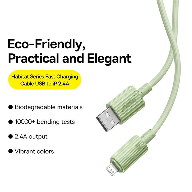BASEUS Habitat Series 2m USB to iP Biodegradable Fast Charging Cord 2.4A Phone Data Cable - Green