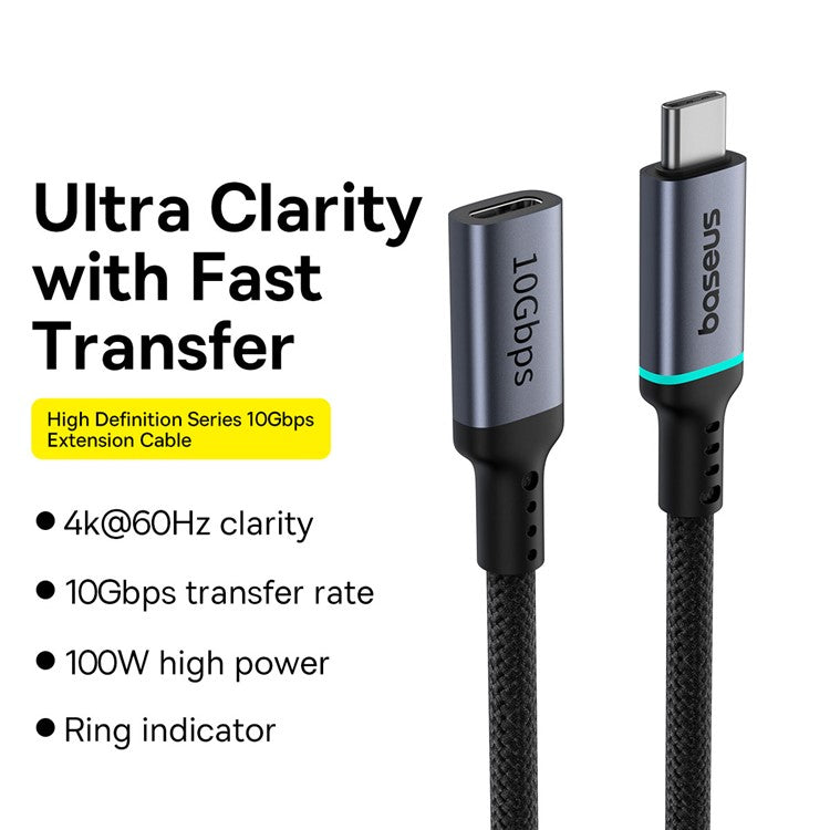 BASEUS High Definition Series for iPhone 15 Series 0.5m 10Gbps Type-C Extension Cable 4K@60Hz Clarity Braided Fast Charging Cable, Black