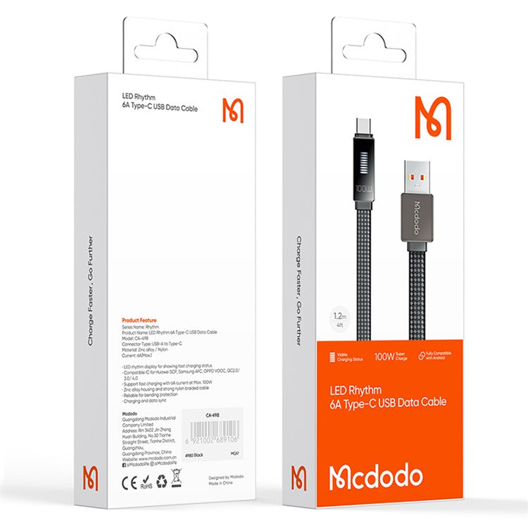 MCDODO CA-4980 MDD Rhythm Series for iPhone 15 Series 1.2m PD 100W USB to Type-C Data Cable with 9-level Light Display - Black