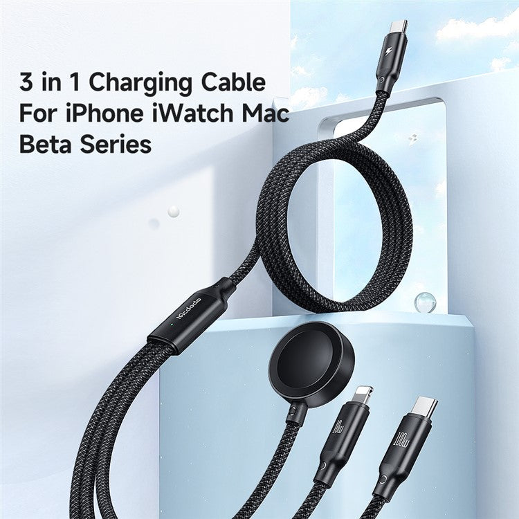 MCDODO CA-4940 Beta Series for iPhone 15 Series 1.2m USB-C to Type-C + iP + Wireless Charger for Apple Watch 3 in 1 Charging Cable, Black