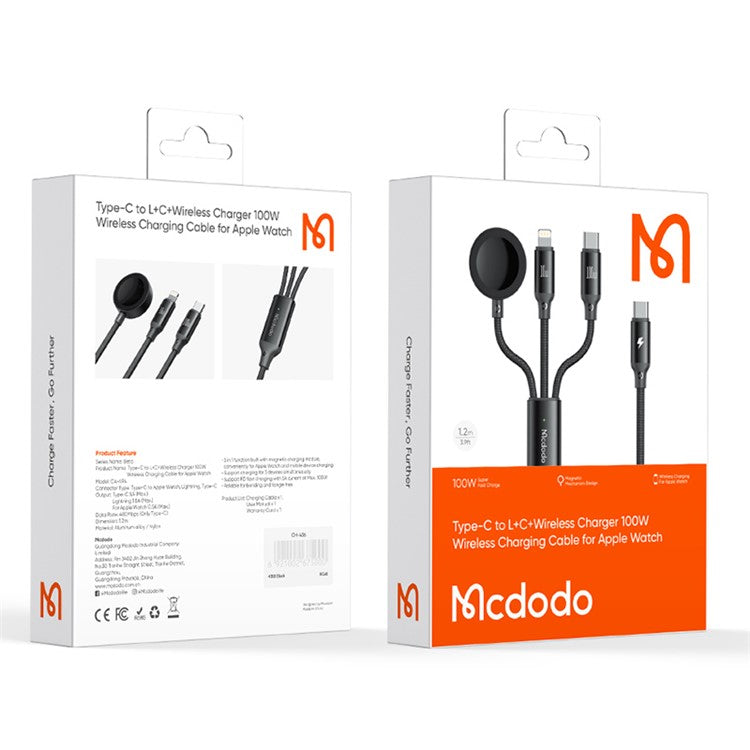 MCDODO CA-4940 Beta Series for iPhone 15 Series 1.2m USB-C to Type-C + iP + Wireless Charger for Apple Watch 3 in 1 Charging Cable, Black