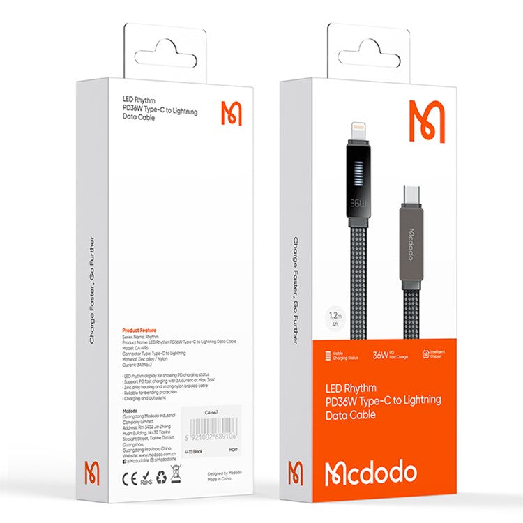 MCDODO CA-4960 Rhythm Series 1.2m PD 36W Fast Charging Type-C to Lightning Data Cable, Black