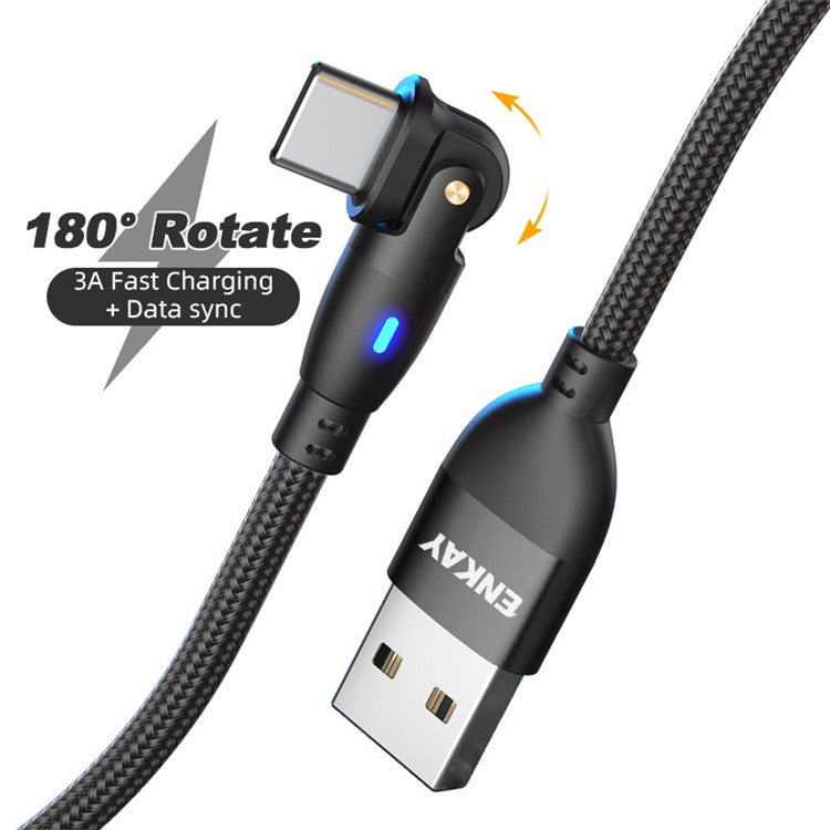 ENKAY 1m USB to Type-C 180 Degree Rotate 3A Fast Charging Data Cable with LED Indicator - Black