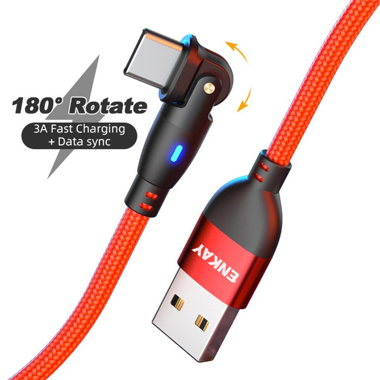 ENKAY 1m USB to Type-C 180 Degree Rotate 3A Fast Charging Data Cable with LED Indicator - Red