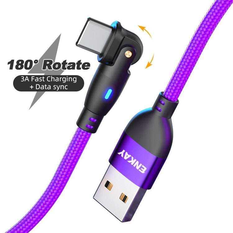 ENKAY 1m USB to Type-C 180 Degree Rotate 3A Fast Charging Data Cable with LED Indicator - Purple