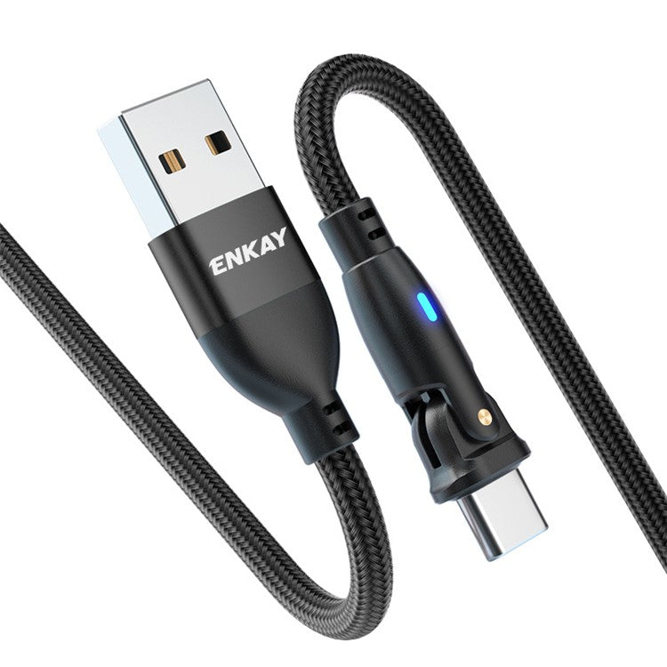 ENKAY 2m 3A Fast Charging USB to Type-C 180 Degree Rotate Nylon Braided Data Cable with LED Indicator - Black