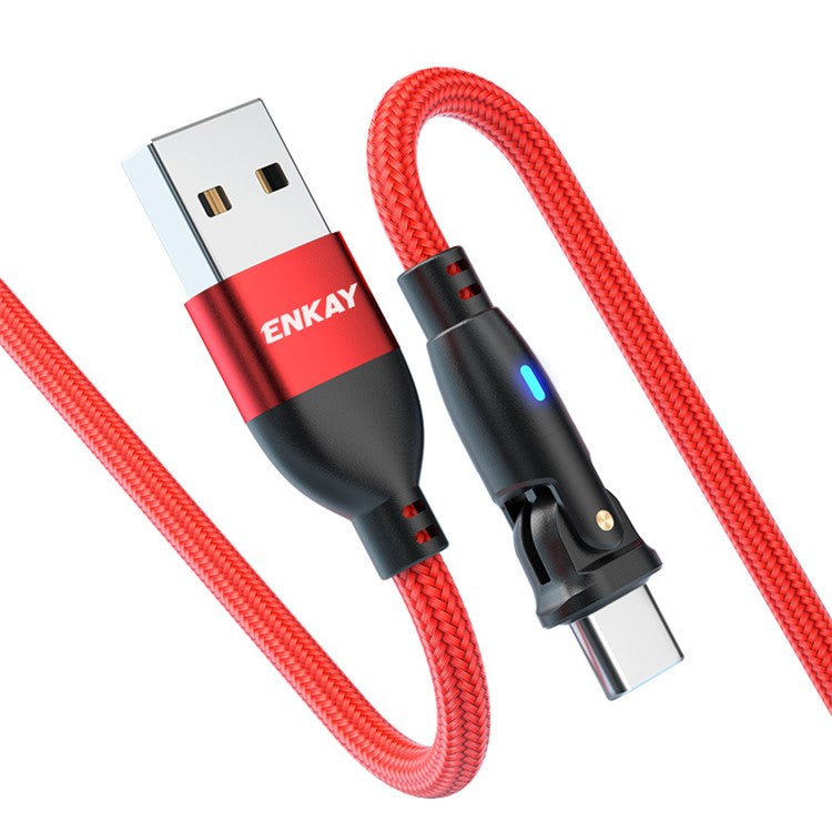 ENKAY 2m 3A Fast Charging USB to Type-C 180 Degree Rotate Nylon Braided Data Cable with LED Indicator - Red