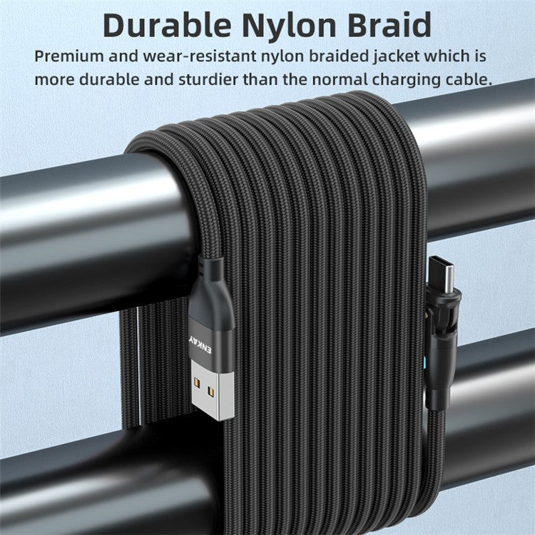 ENKAY 2m 3A Fast Charging USB to Type-C 180 Degree Rotate Nylon Braided Data Cable with LED Indicator - Red