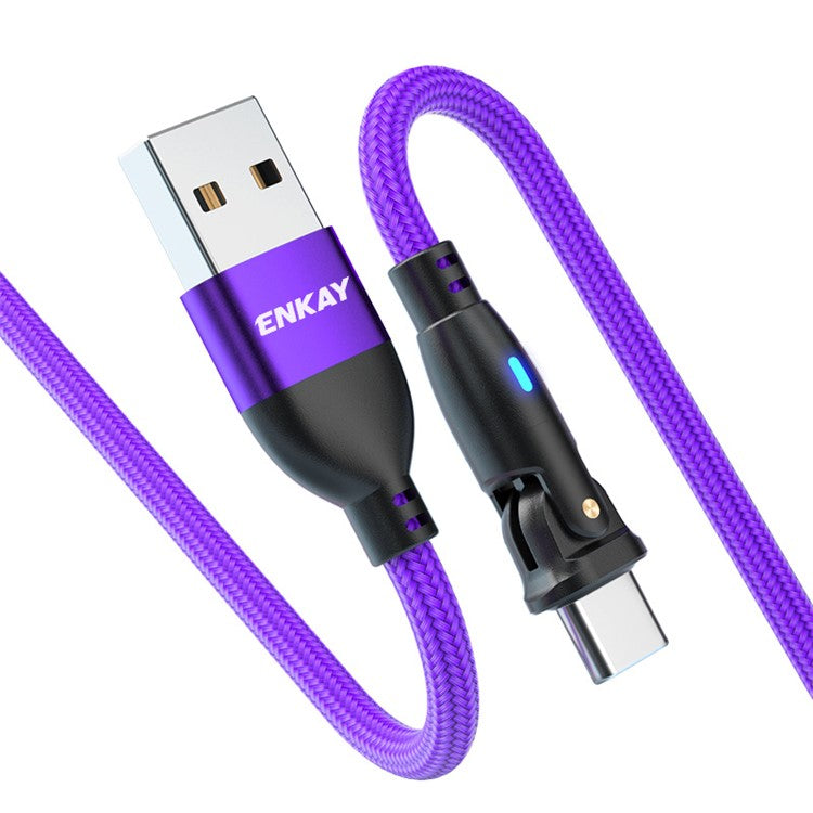 ENKAY 2m 3A Fast Charging USB to Type-C 180 Degree Rotate Nylon Braided Data Cable with LED Indicator - Purple