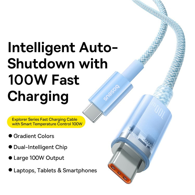 BASEUS Explorer Series for iPhone 15 Series 100W PD Fast Charging Cable with Smart Temperature Control Type-C to Type-C Data Cable, 1m - Blue