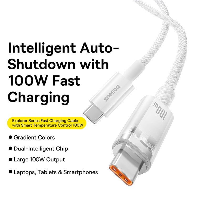 BASEUS Explorer Series for iPhone 15 Series 100W PD Fast Charging Cable with Smart Temperature Control Type-C to Type-C Data Cable, 1m - White