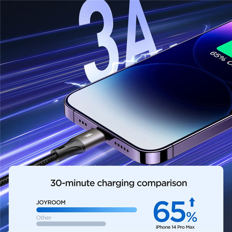 JOYROOM SA25-AL3 1.2m Light-Speed Series USB-A to Lightning Data Cable 3A Fast Charging Nylon Braided Cord - Black