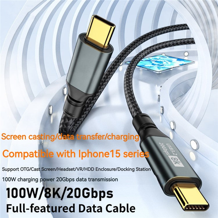 1m USB3.2 20Gbps Braided Type-C Data Cable 8K Sync Screen 100W Charging Cable for iPhone 15 Series