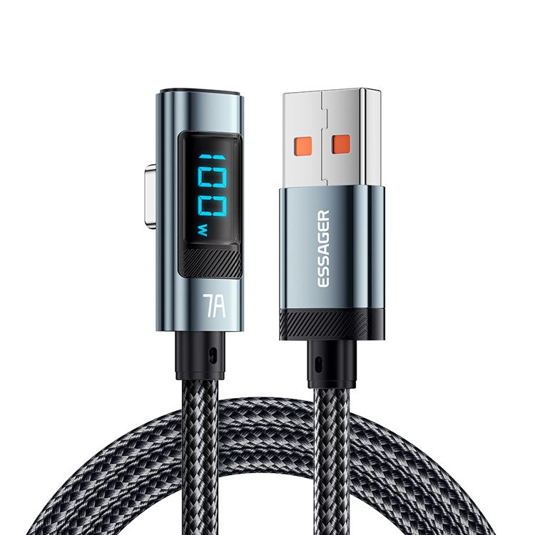 ESSAGER 2m Elbow 7A 100W Digital Display Data Cable High Power USB-A to Type-C Charging Cable