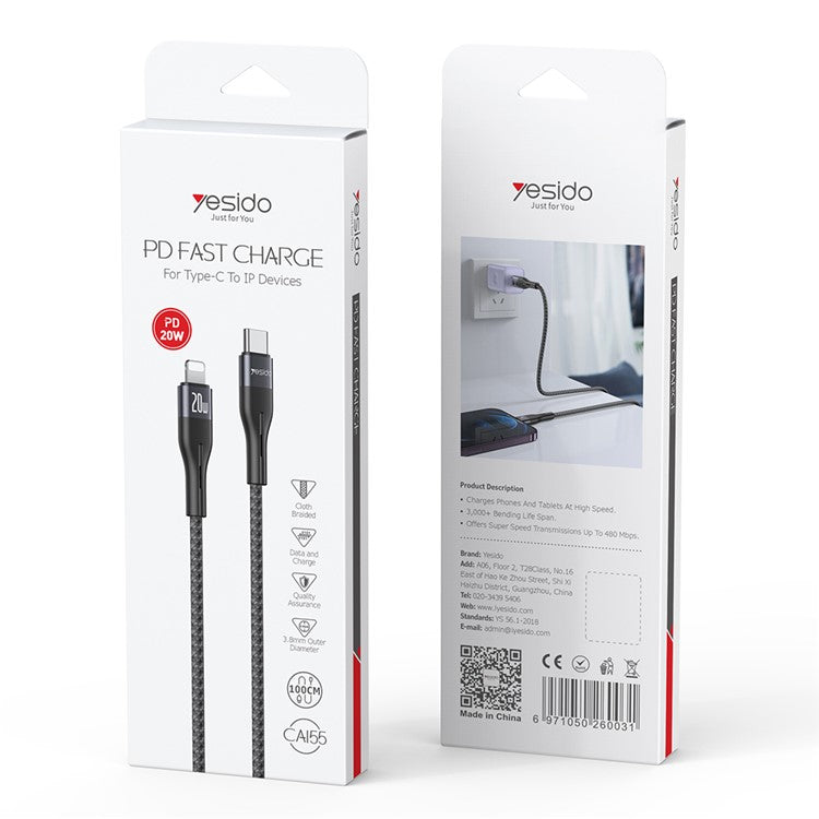 YESIDO CA155 PD 20W Charging Cable USB-C to Lightning Braided Data Cable for iPhone, iPad