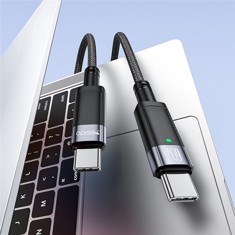YESIDO CA160 PD 60W Auto Power Off Charging Cable USB-C to USB-C Braided Mobile Phone Data Cord
