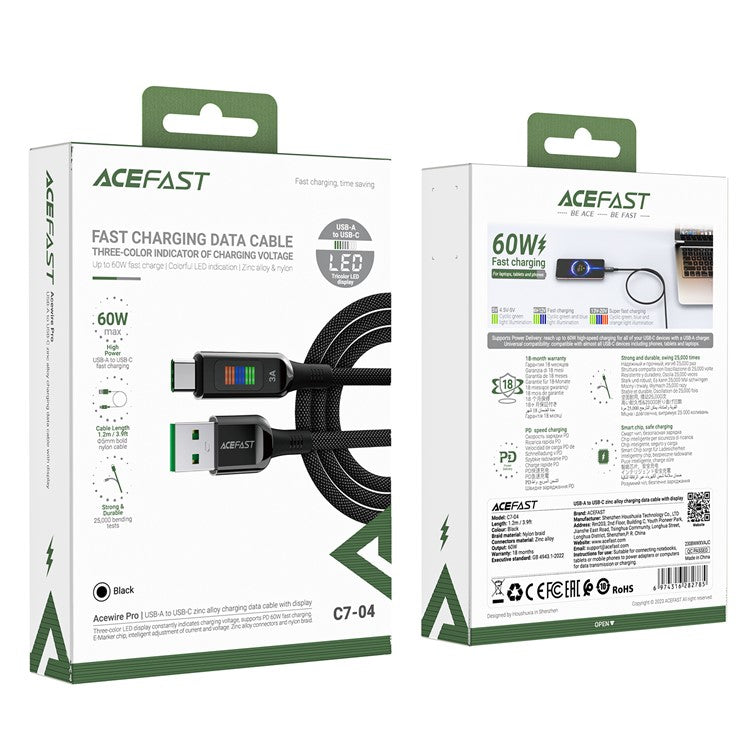 ACEFAST C7-04 1.2m USB-A to USB-C 60W Fast Charging Cable Light Display Braided Data Transfer Cord