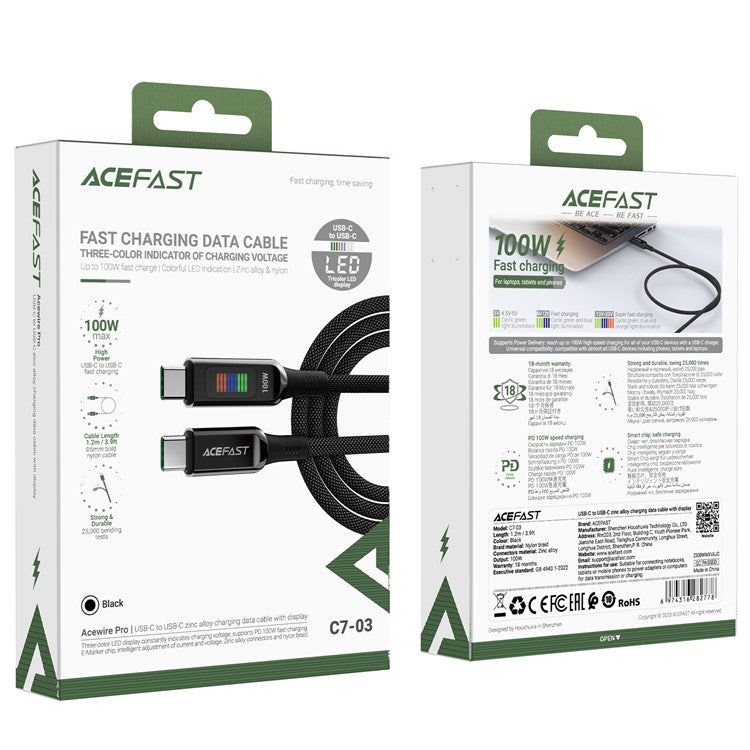 ACEFAST C7-03 1.2m 100W 5A USB-C to USB-C Fast Charging Cable Light Display Braided Data Cord