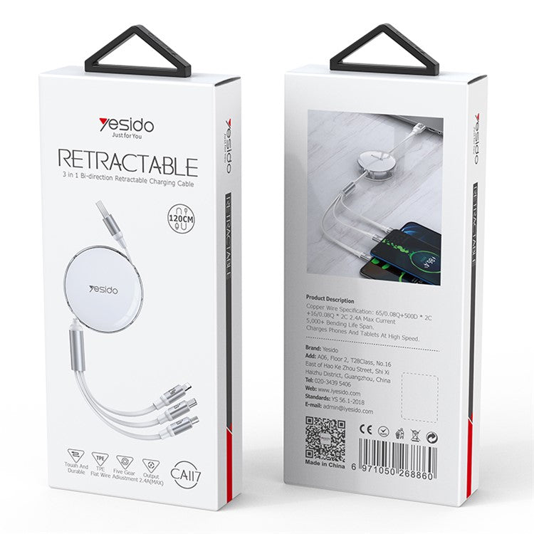 YESIDO CA11 7 3 in 1 Telescopic Data Cable Portable Retractable Charging Cable for Cell Phones, Tablets
