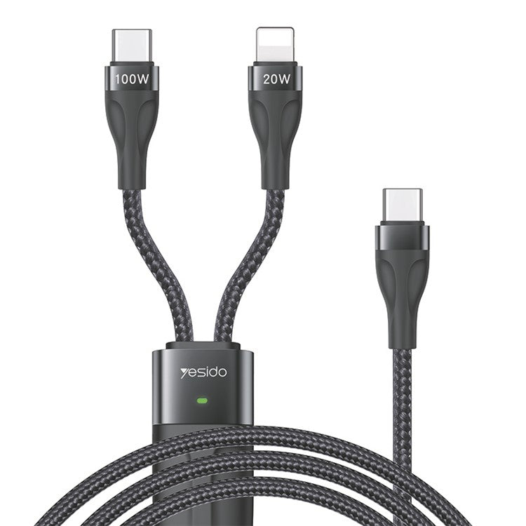 YESIDO CA87 PD Fast Charging Cable 100W+20W 2-in-1 Type-C to iP+Type-C Data Cable with LED Indicator