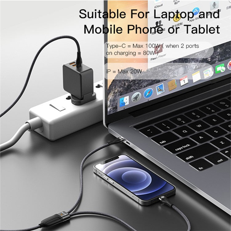 YESIDO CA87 PD Fast Charging Cable 100W+20W 2-in-1 Type-C to iP+Type-C Data Cable with LED Indicator