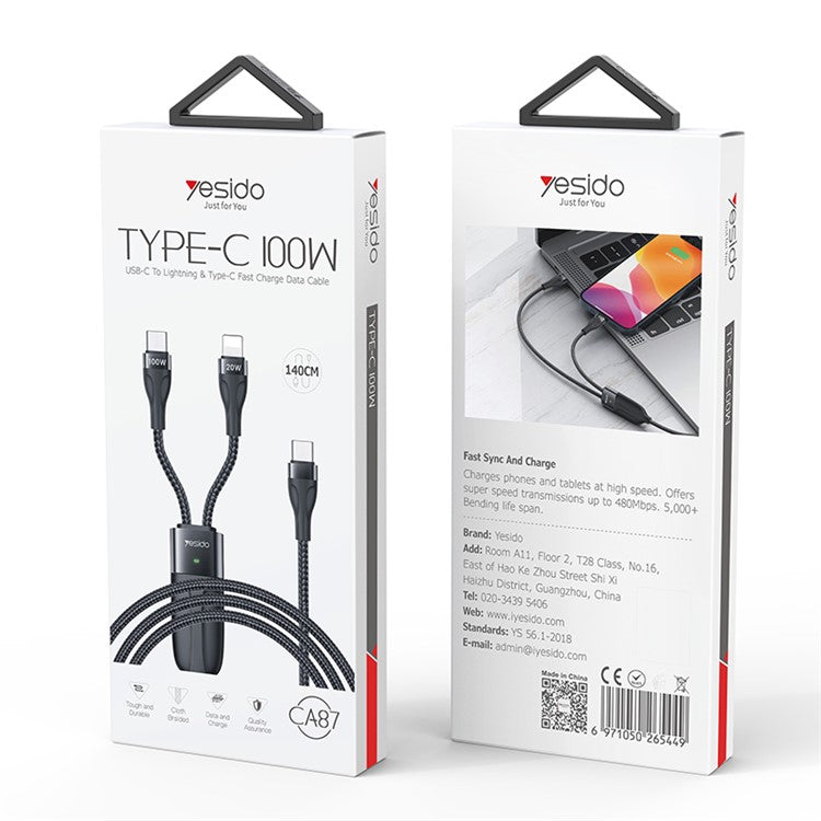 YESIDO CA87 PD Fast Charging Cable 100W+20W 2-in-1 Type-C to iP+Type-C Data Cable with LED Indicator