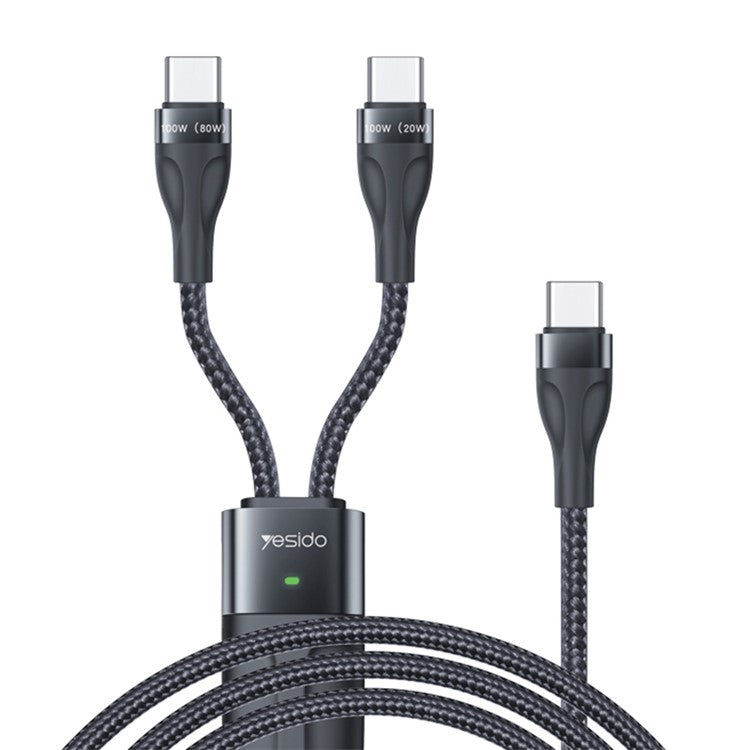 YESIDO CA88 Type-C to 2 Type-C PD Charging Cable 100W+20W 2-in-1 USB-C Data Cable with LED Indicator