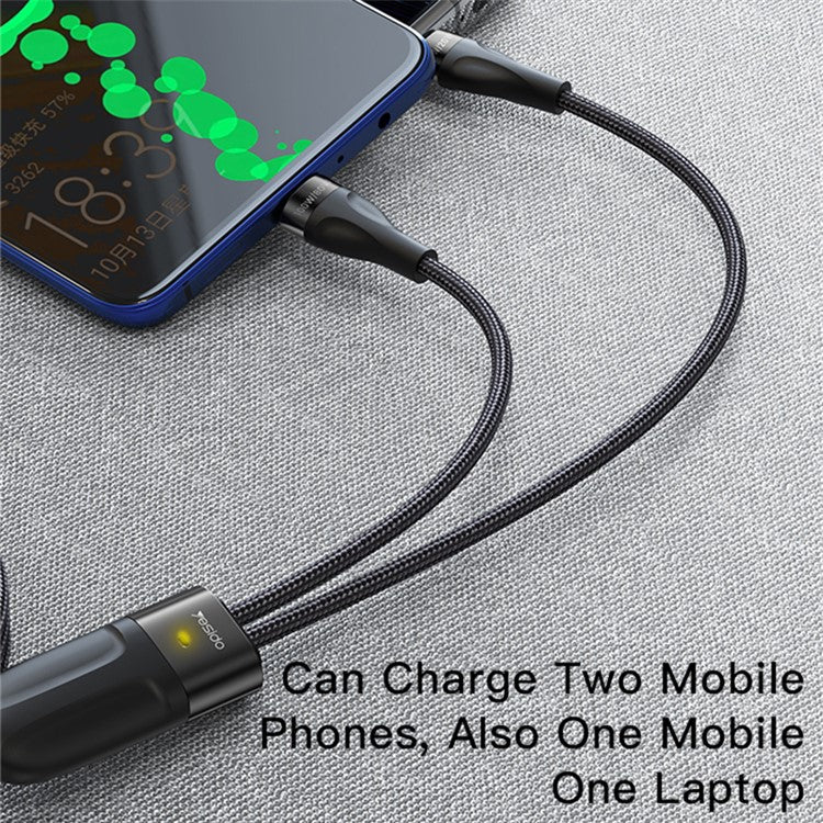 YESIDO CA88 Type-C to 2 Type-C PD Charging Cable 100W+20W 2-in-1 USB-C Data Cable with LED Indicator