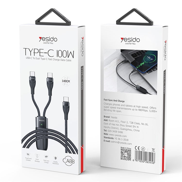 YESIDO CA88 Type-C to 2 Type-C PD Charging Cable 100W+20W 2-in-1 USB-C Data Cable with LED Indicator
