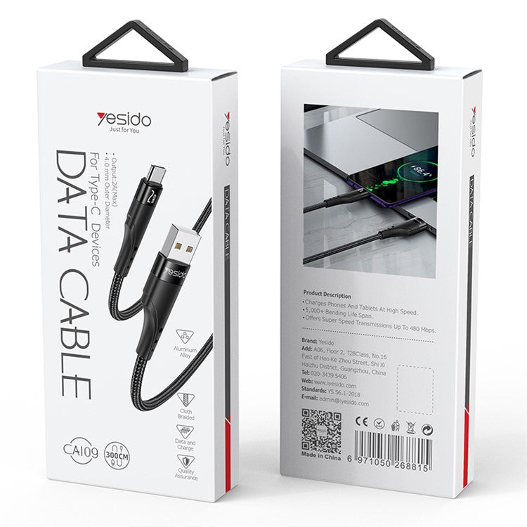 YESIDO CA109 3m Nylon Braided Data Cable 2A USB to Type-C Charging Cable