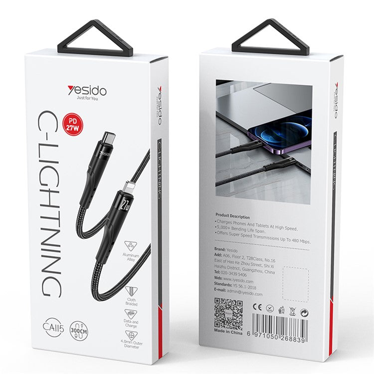 YESIDO CA115 3m PD 27W Braided Data Cable Type-C to Lightning Charging Cable