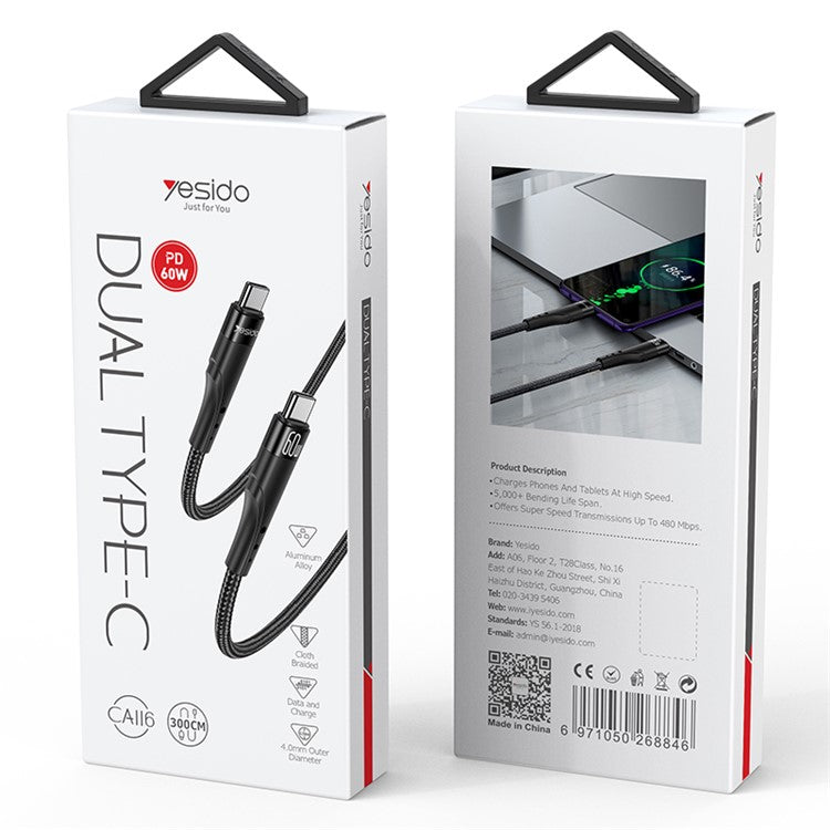 YESIDO CA116 3m Braided Data Cable PD 60W Type-C to Type-C Fast Charging Cable