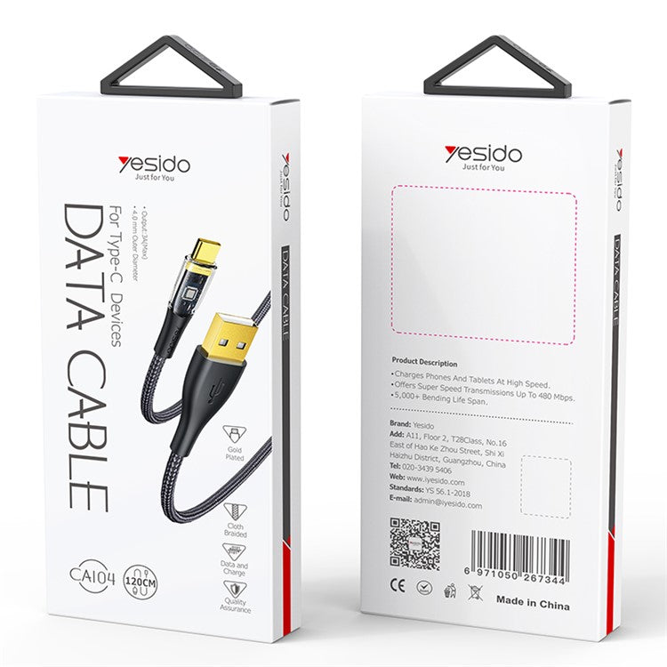 YESIDO CA104 2.4A iP Charging Cable Gold Plated Visible Nylon Braid Data Cable