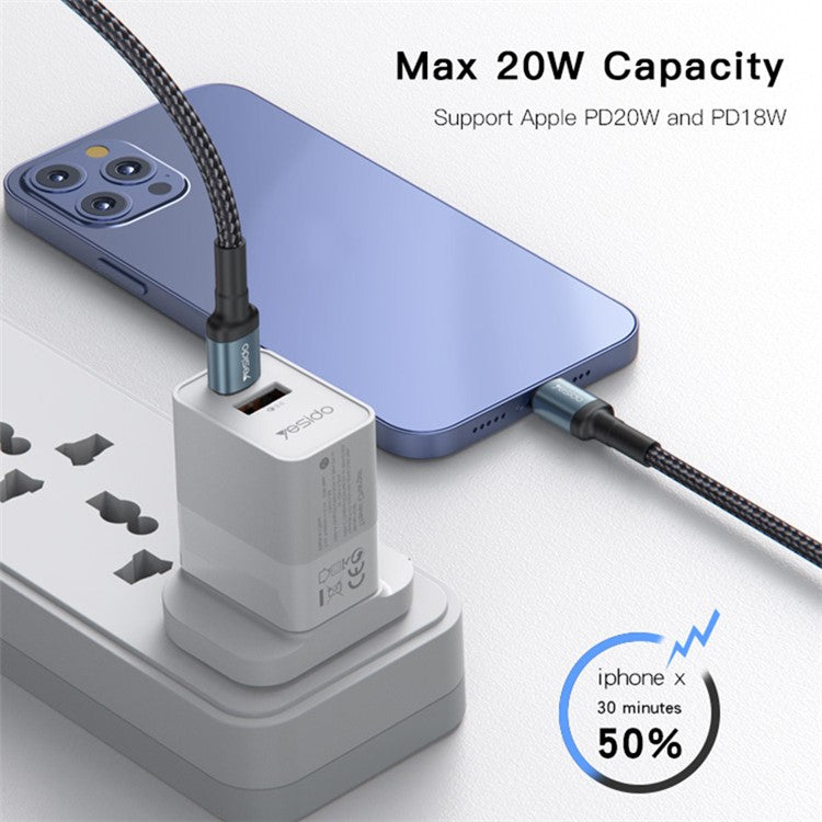 YESIDO CA76 PD 20W Type-C to Lightning Charging Cable 1.2m Braided Data Cable
