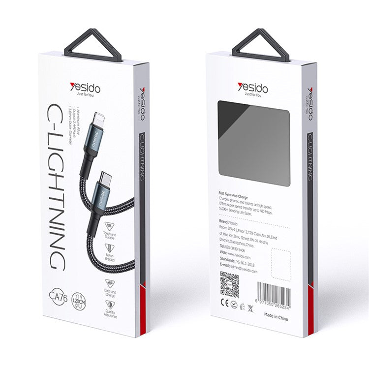 YESIDO CA76 PD 20W Type-C to Lightning Charging Cable 1.2m Braided Data Cable
