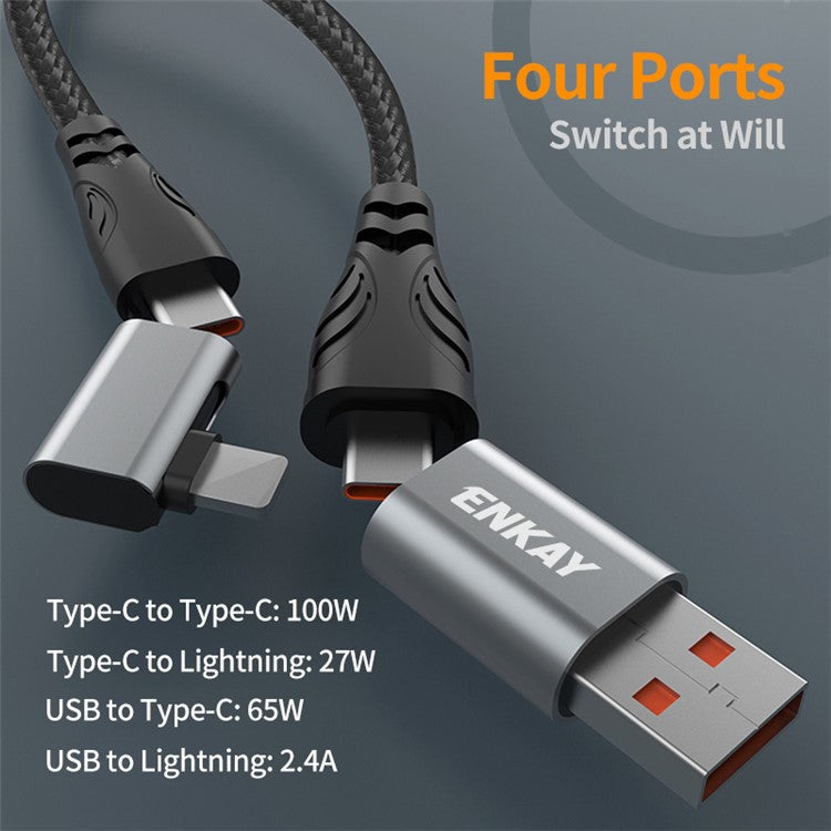ENKAY 1m 4 in 1 USB / Type-C to iP / Type-C Nylon Charge Cable with E-Marker Chip PD 100W Fast Charging Cable
