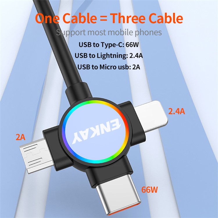 ENKAY 1.5m USB to Type-C / iP / Micro USB TPU Spring Cable 66W Fast Charging Cable with Indicator Light - Style A
