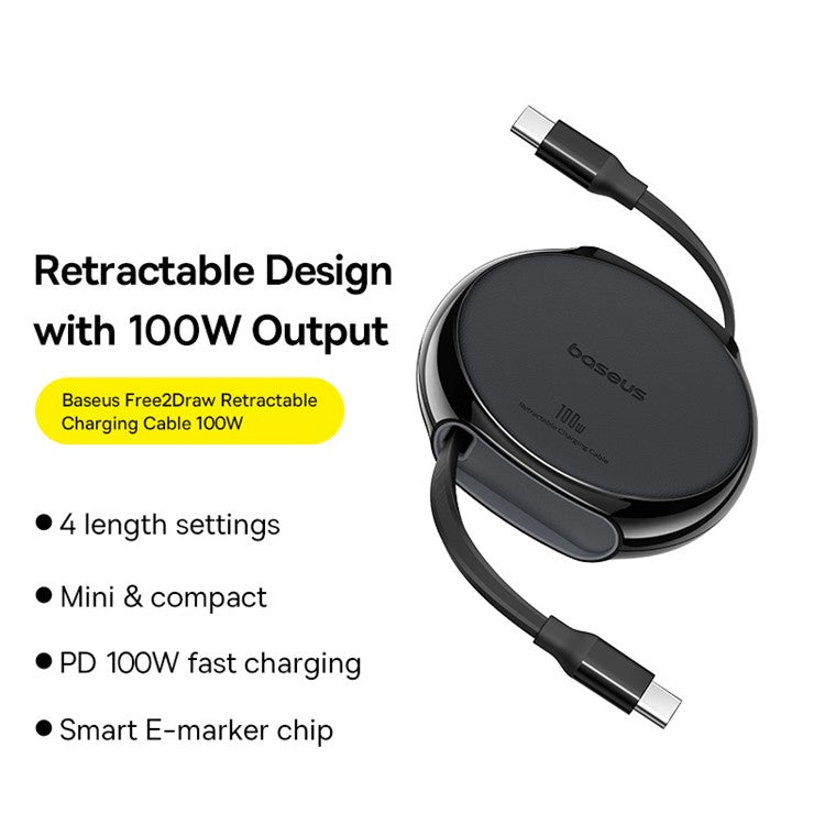 BASEUS Free2Draw 1m 100W Type-C to Type-C Retractable Fast Charging Cable - Black