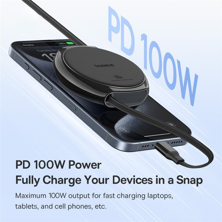 BASEUS Free2Draw 1m 100W Type-C to Type-C Retractable Fast Charging Cable - Black