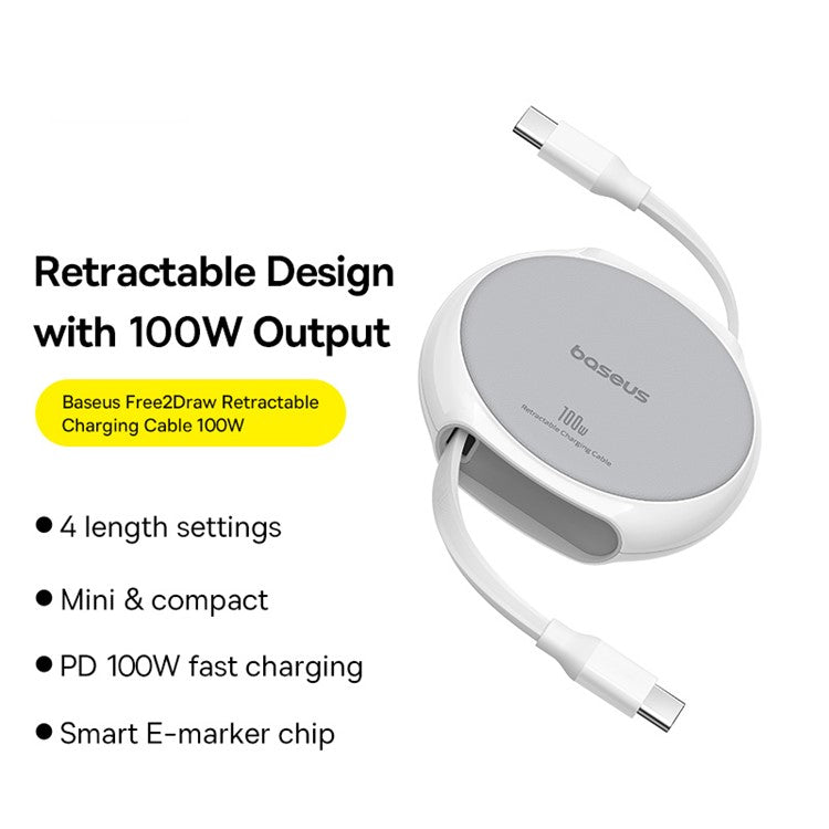 BASEUS Free2Draw 1m 100W Type-C to Type-C Retractable Fast Charging Cable - White
