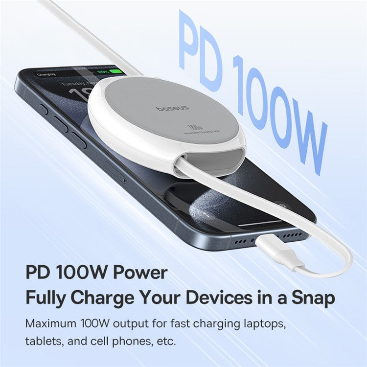 BASEUS Free2Draw 1m 100W Type-C to Type-C Retractable Fast Charging Cable - White