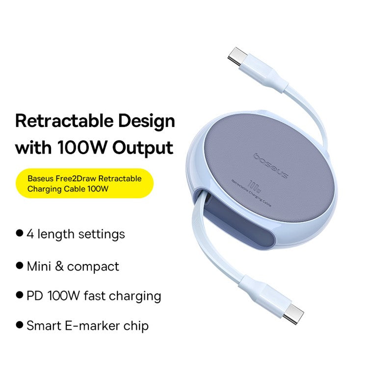 BASEUS Free2Draw 1m 100W Type-C to Type-C Retractable Fast Charging Cable - Blue
