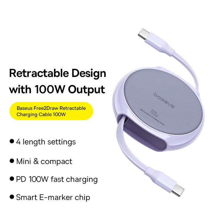 BASEUS Free2Draw 1m 100W Type-C to Type-C Retractable Fast Charging Cable - Purple