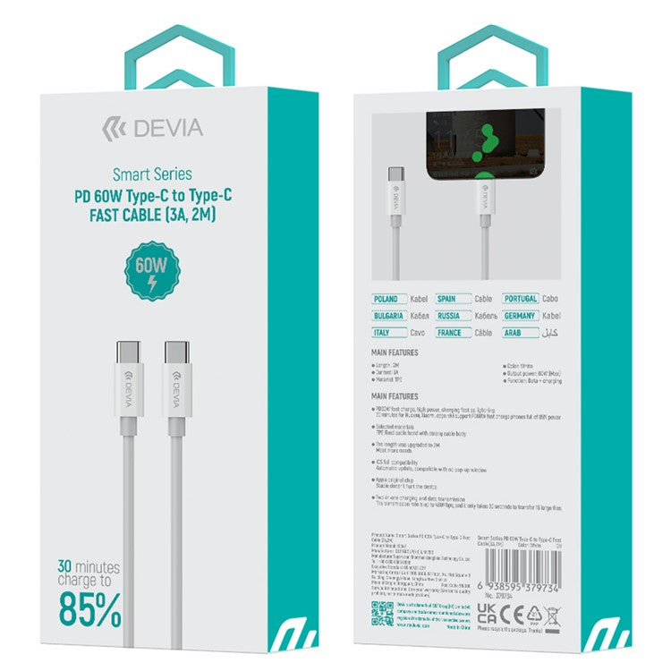 DEVIA Smart Series 2m Type-C to Type-C PD 60W Fast Charging Data Cable 480Mbps