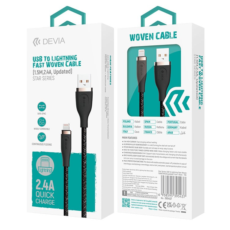DEVIA Star Series EC417 1.5m USB-A to Lightning 2.4A Quick Charge Cable Data Sync Cord - Black