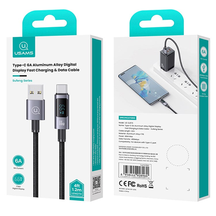 USAMS US-SJ673 USB-A to Type-C 6A Fast Charging Cable 1.2m Aluminum Alloy Digital Display Charger Data Cable