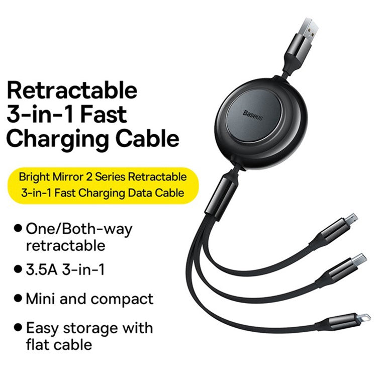 BASEUS Bright Mirror 2 Series Retractable USB to M+L+C 3.5A Fast Charging Cable, 1.1m - Black